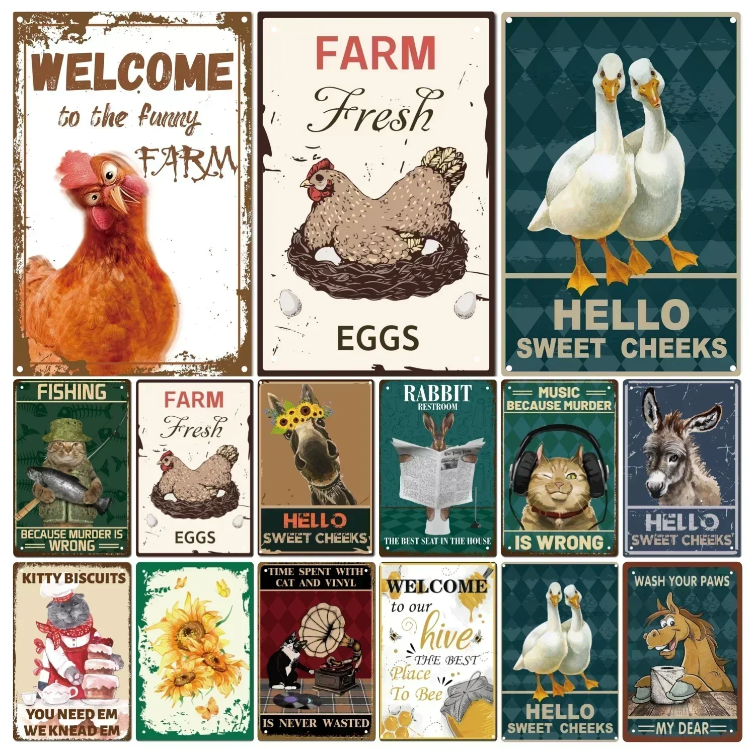 Welcome To Farm Funny Sign Chicken Metal Tin Signs Retro Poster Vintage Wall Decor Garage Farm Garden Bar Club Door Decorations