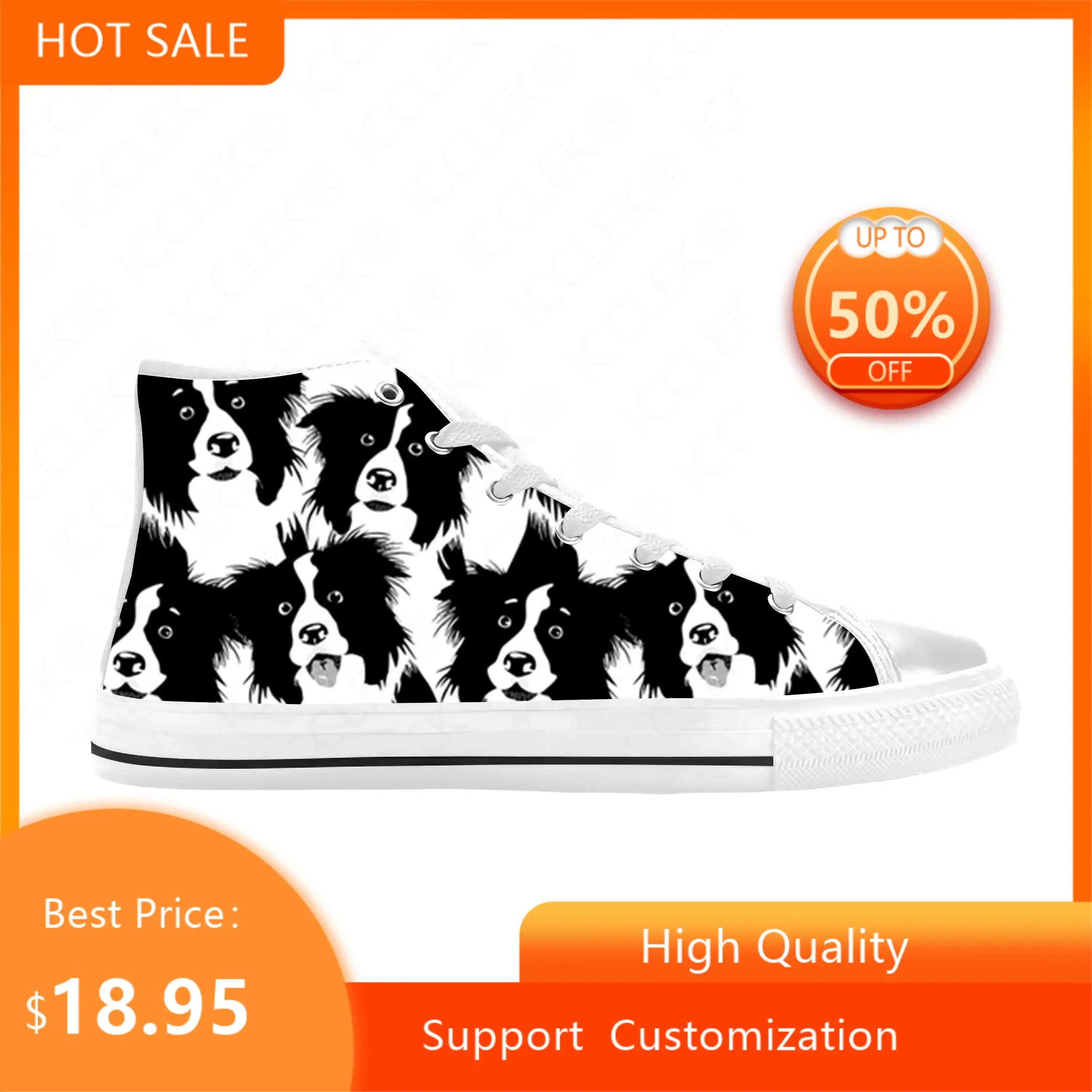 Border Collie Collies Hond Dier Patroon Cartoon Casual Doek Schoenen Hoge Top Comfortabele Ademende 3d Print Heren Dames Sneakers