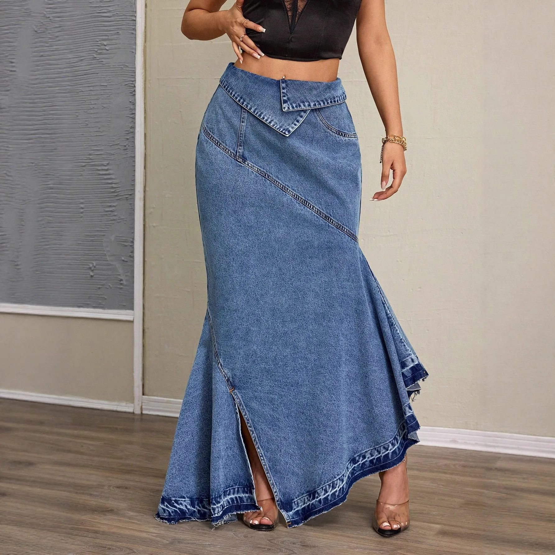 

Fashion Denim Skirt Women Autumn High Waist Asymmetrical Slim Solid Color Slit Fishtail Skirt Elegant Commuter Lady Long Skirt
