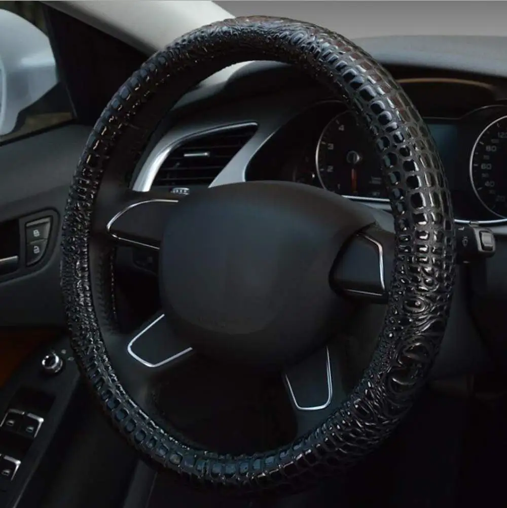 

Crocodile Pattern Steering Wheel Cover Microfiber Leather Breathable Anti-Slip Massage Protector 15 Inch Universal