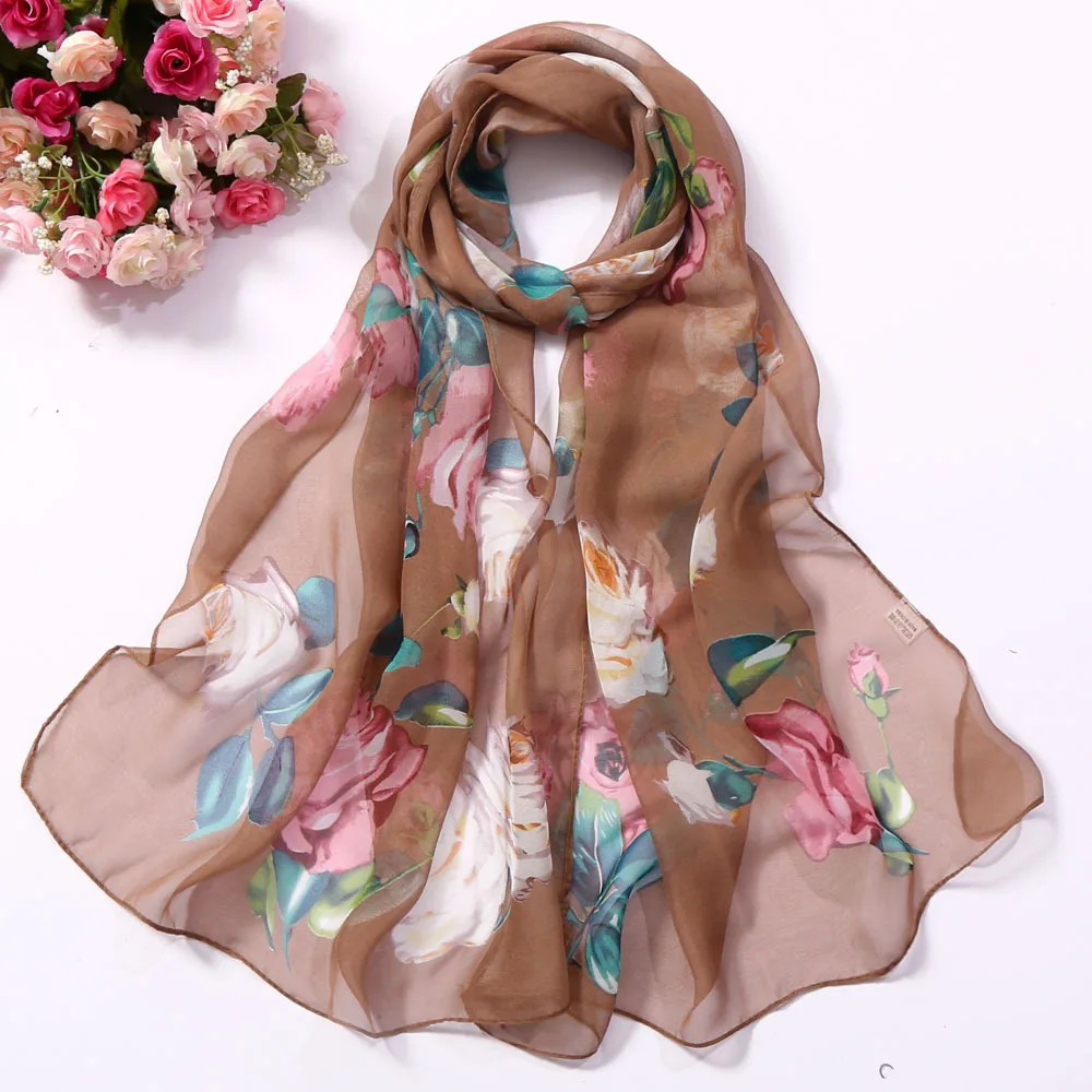 Rose Flower Summer Chiffon Georgette Scarf Women Foulard Shawl Bandana Elegant Beach Sun Protection