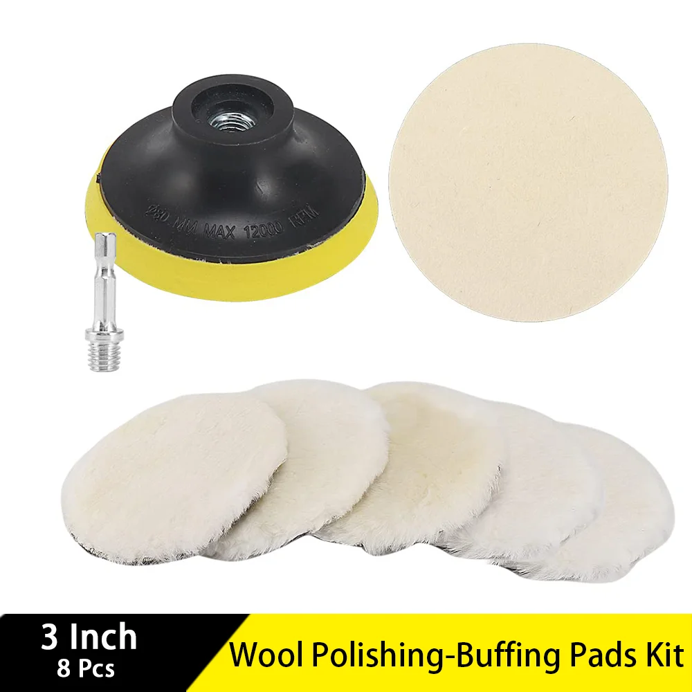 Wool Polishing-Buffing Pads Kit 3 Inch 8 Pcs with Hook & Loop Backer Plate Thread Drill Adapter for Buffing Wheel Car Buffer