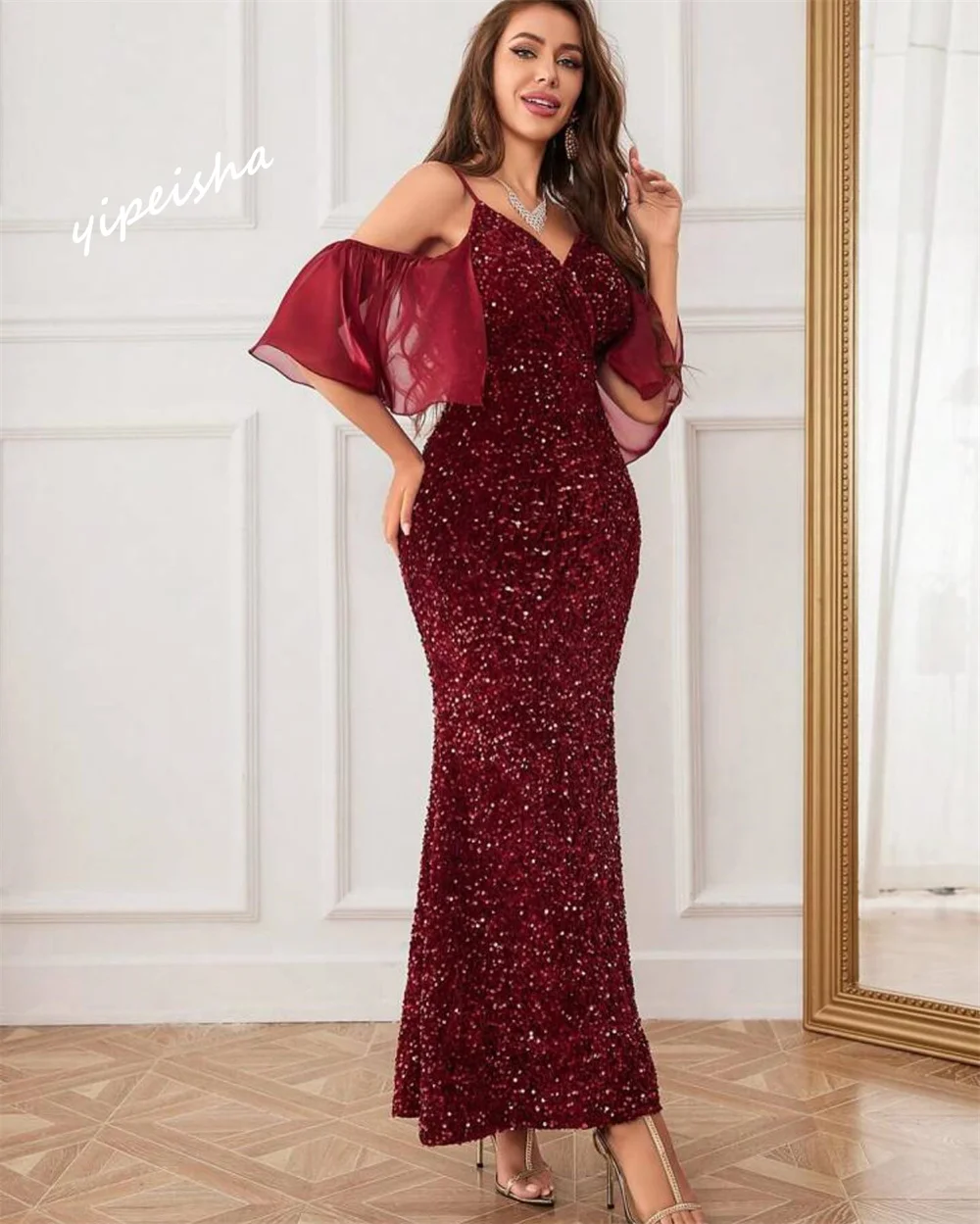 Yipeisha Prom Dress Sparkle Off-the-shoulder Mermaid Anke Length Evening Dresses Sequin Hugging Chiffon Customized 