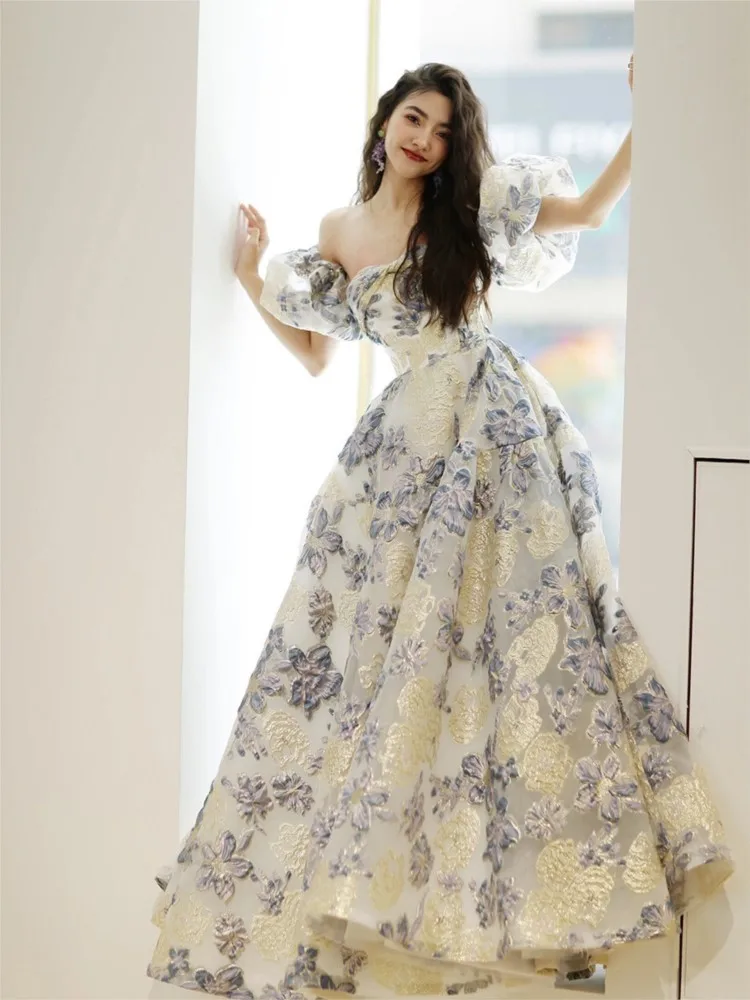 

Puffed-sleeve jacquard satin toasting banquet hosting art examination oil painting style dress