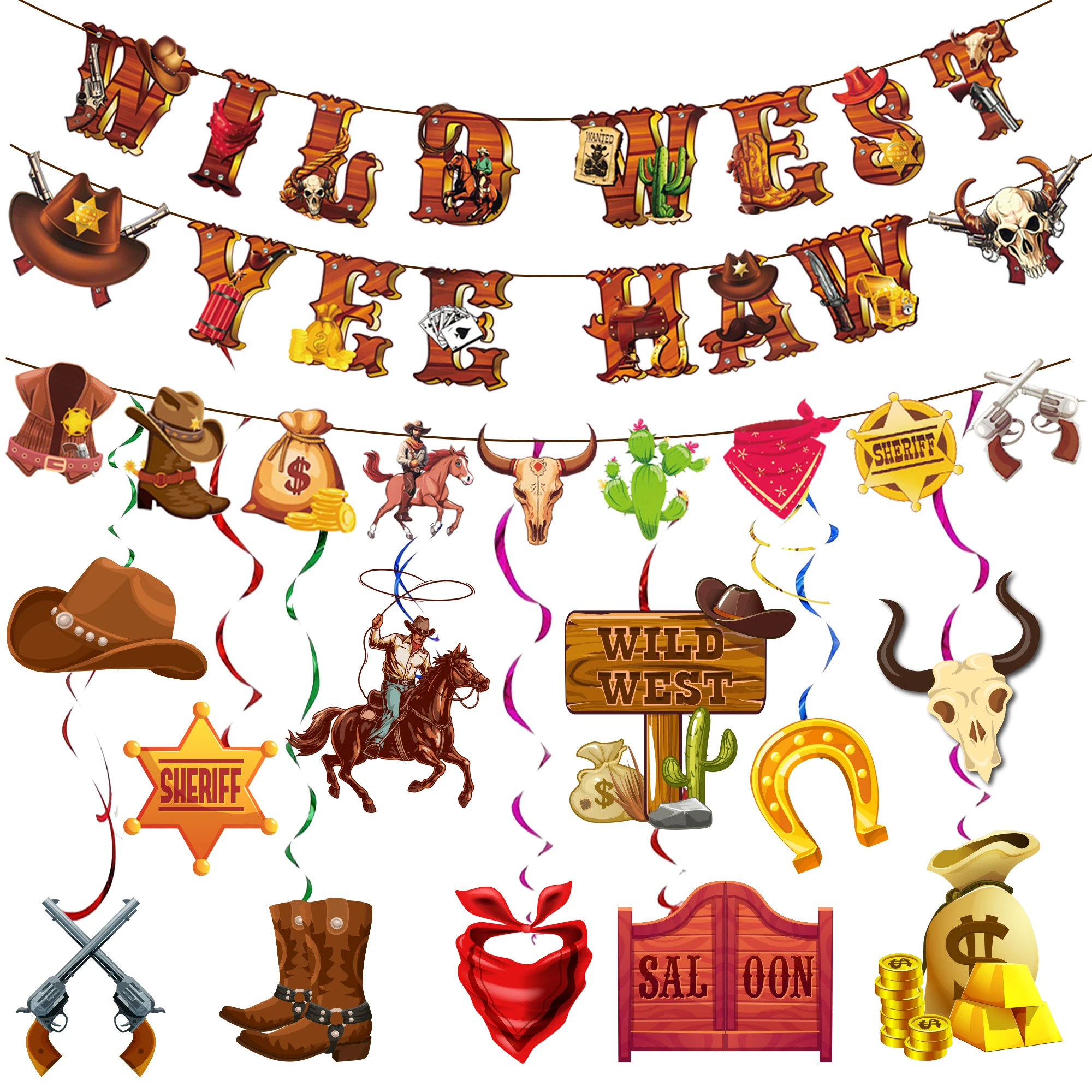 12 Pcs Western Cowboy Party Decorations Cowboy Theme Party Decorations-Swirls&Banner etc Western Birthday Party Decorations