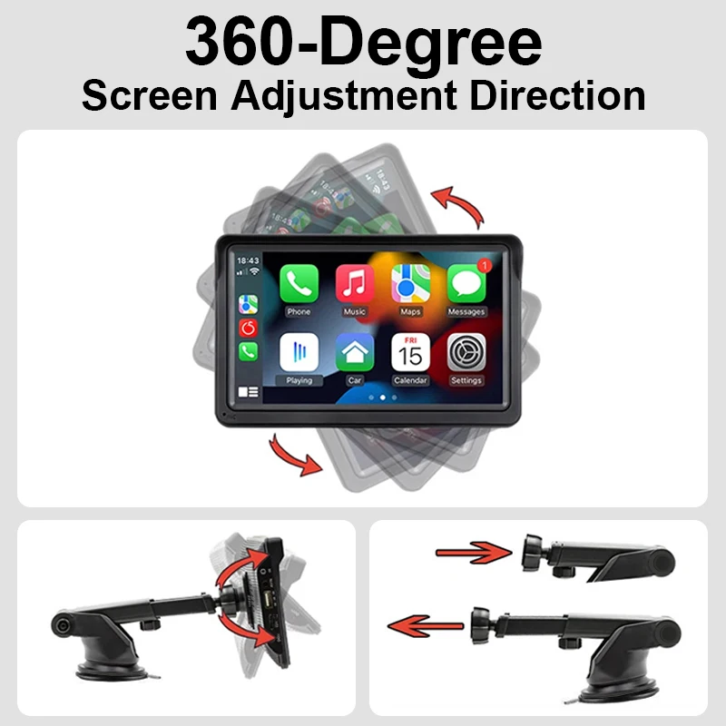 Hippcron 7 Zoll Kabelloses CarPlay & Android Auto Autoradio, Tragbarer Universeller Touchscreen Multimedia-Videoplayer – Detail 3