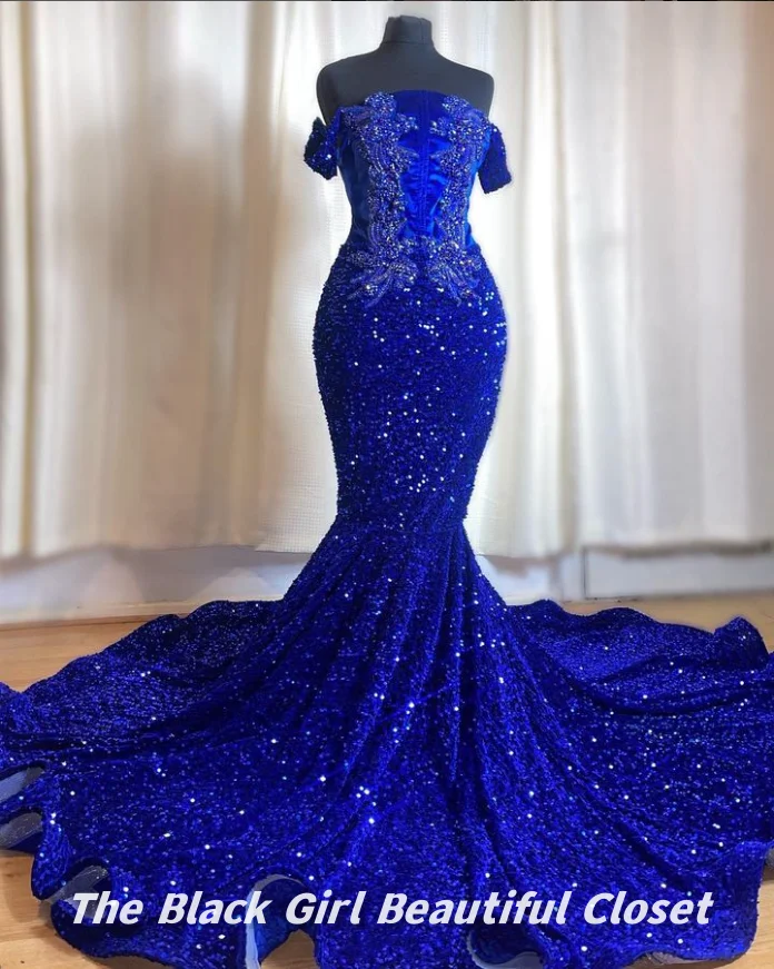 Dark Blue High Luxury Evening Gowns 2024 Card Shoulder Applique Beaded Decoration Mermaid Gowns African Girls Sheath Dresses