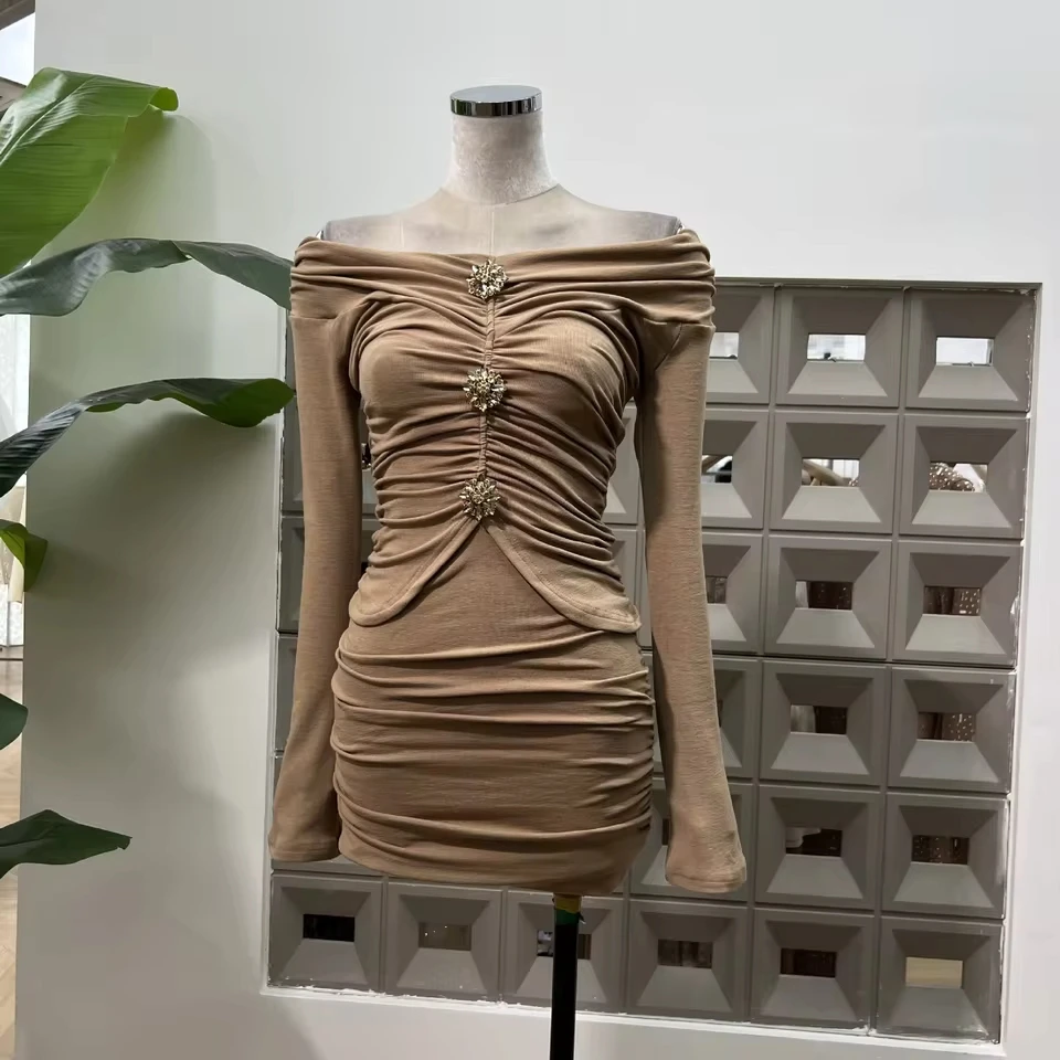 

One-shoulder Pleated Long-sleeved Butt-covering Short Skirt with Pure Lusty Style Waist Slimming and Chic Pleated Dress