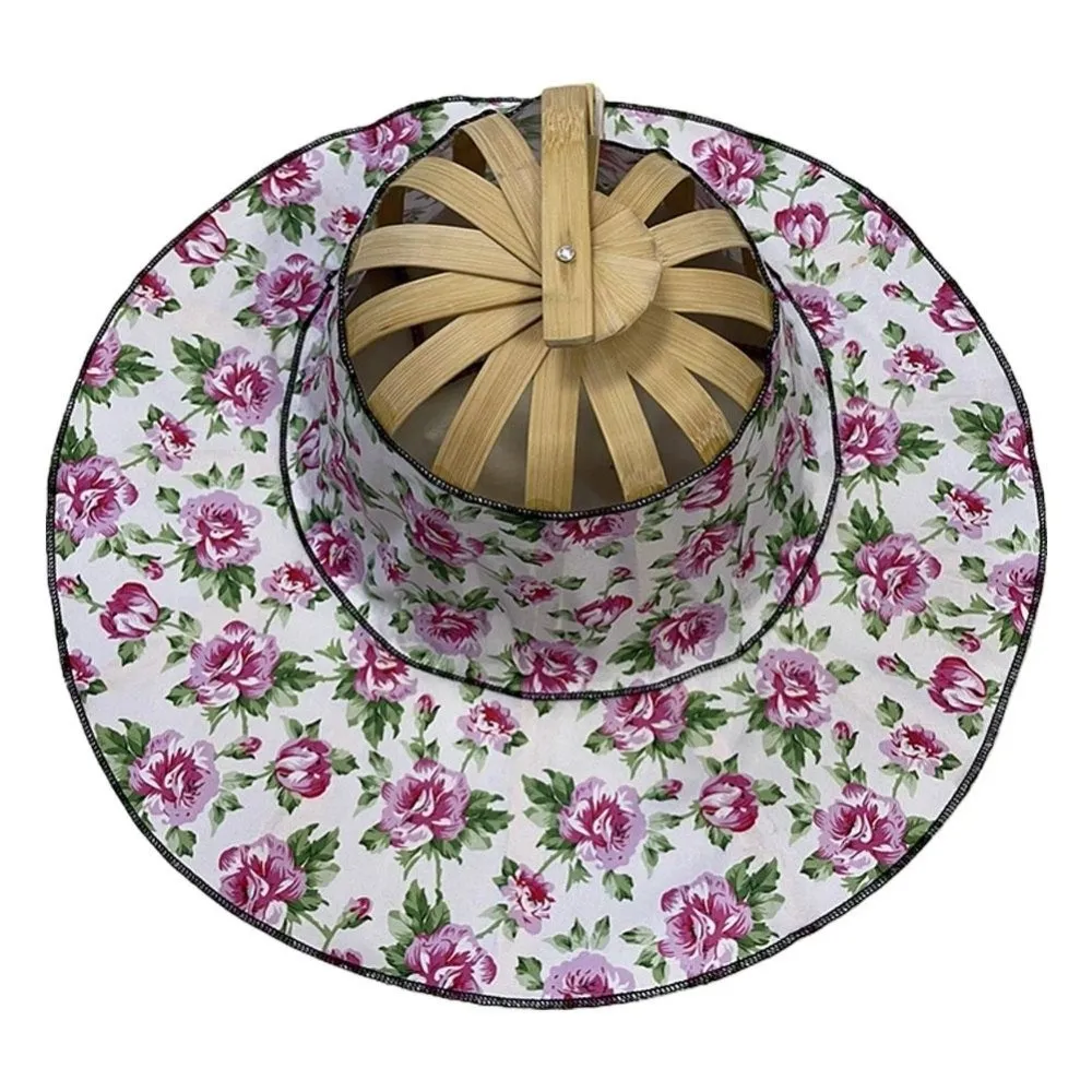 

Wide Brim Folding Fan Hat Foldable Floral Printed Fan Sun Hats UV Protection Chinese Style Bamboo Sunscreen Cap Beach