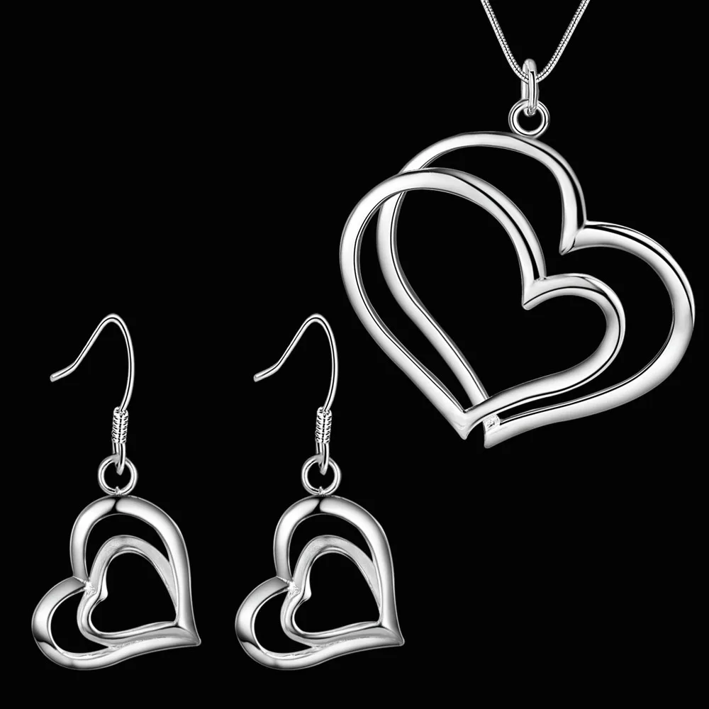 

Hot romantic Double Heart 925 Sterling Silver earrings necklace Jewelry sets for women Fashion Party wedding Pretty Holiday gift