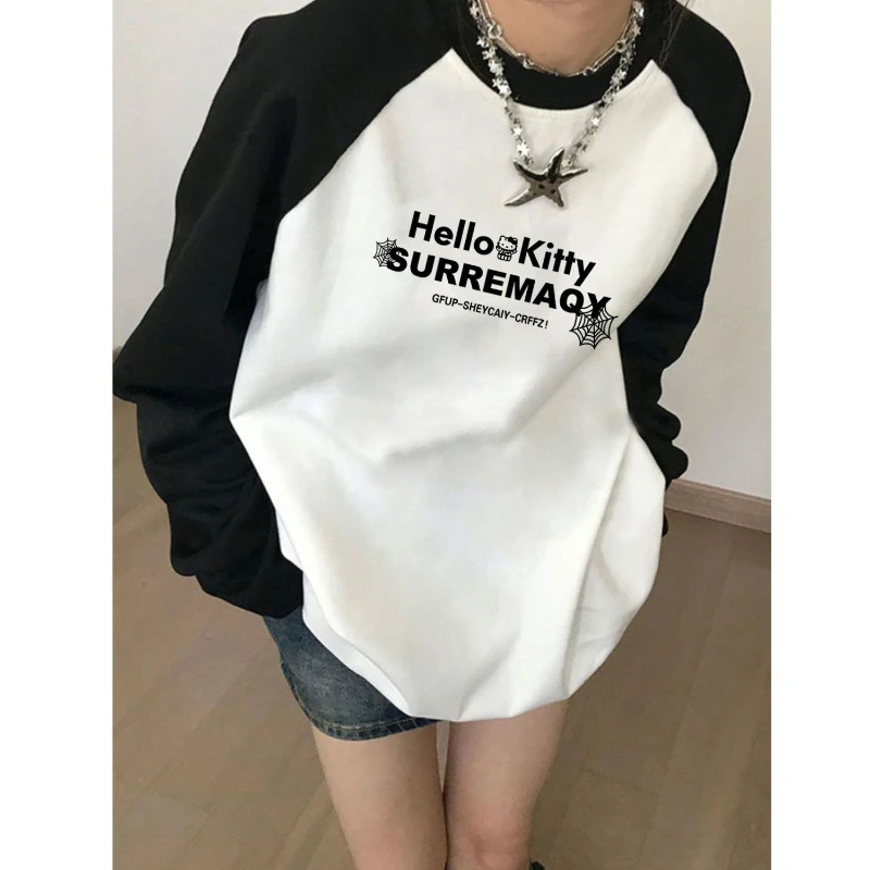 Cotton Long Sleeve Raglan Girls Undershirt 2026 Fall Winter Hello Kitty Print Soft Breathable Casual Top for Kids Daily Wear