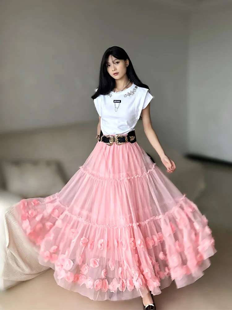 

TIYIHAILEY-Women's Long Maxi Mesh Skirt Elastic High Waist Three Layer Skirts, Ball Gown, Pink Organza New Ladies Skirts