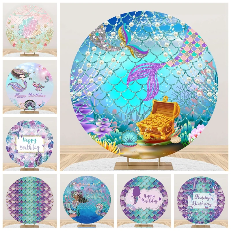 

Real Mermaid Circle Background Photography Scales Baby Birthday Party Round Elasticity Backdrop Underwater World Photo Studio