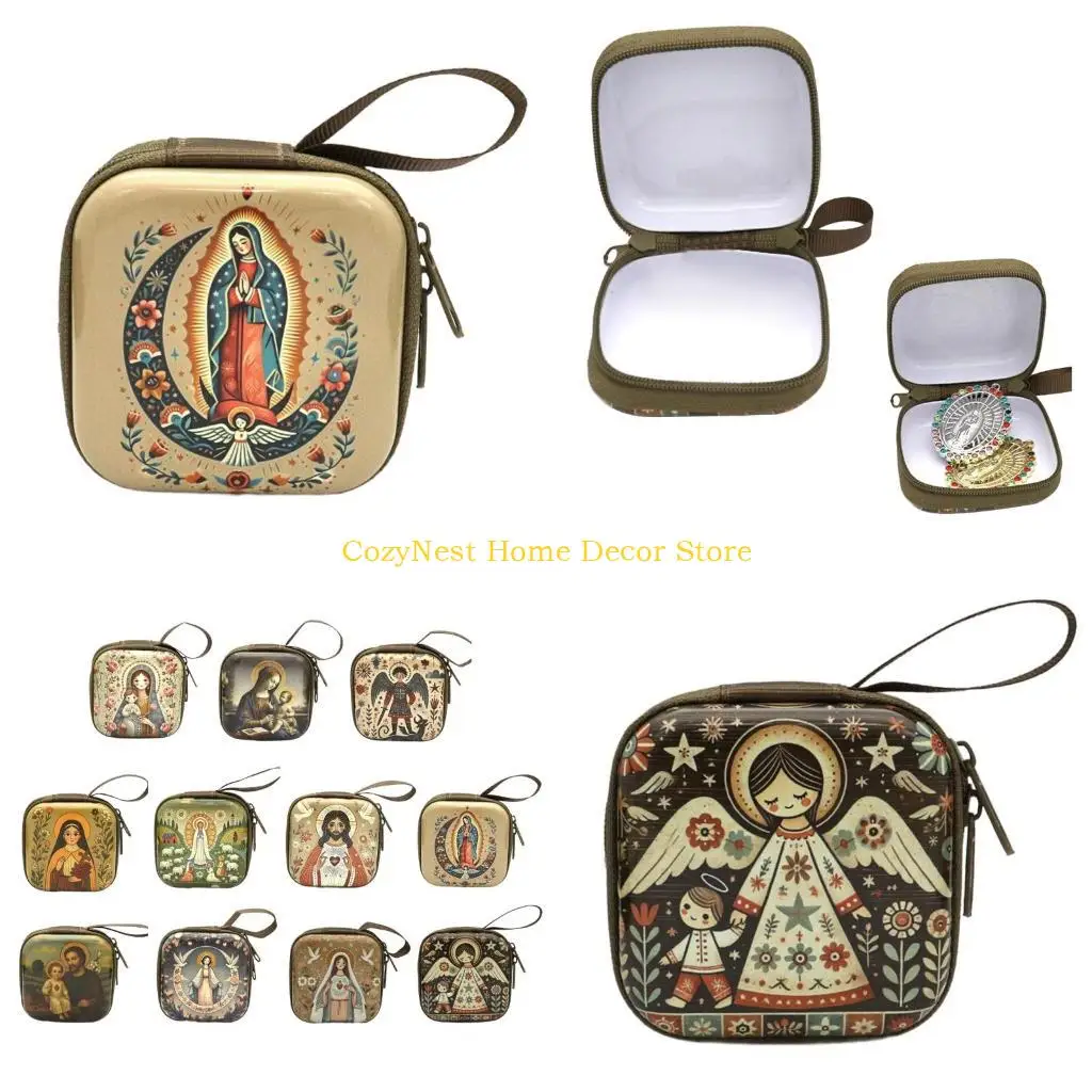 92MF Religious Jewelry Storage Box Catholic Rosary Coin Purses with Zippers Closures Portable Headphone Bag for Women Men