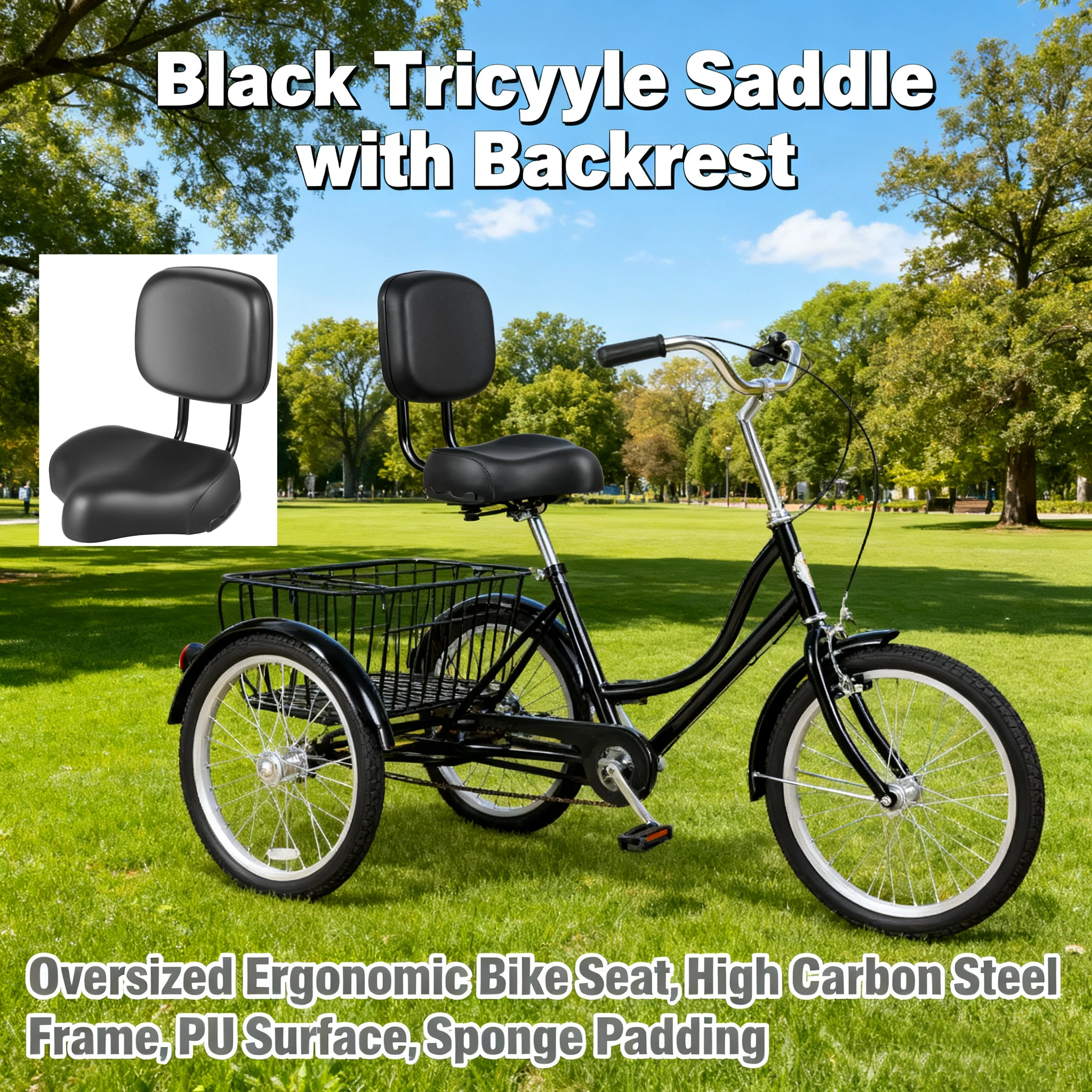 

Черное седло для трехколесного велосипеда со спинкой, большое эргономичное велосипедное сиденье, рама из высокоуглеродистой стали, полиуретановая поверхность, губчатая подкладка