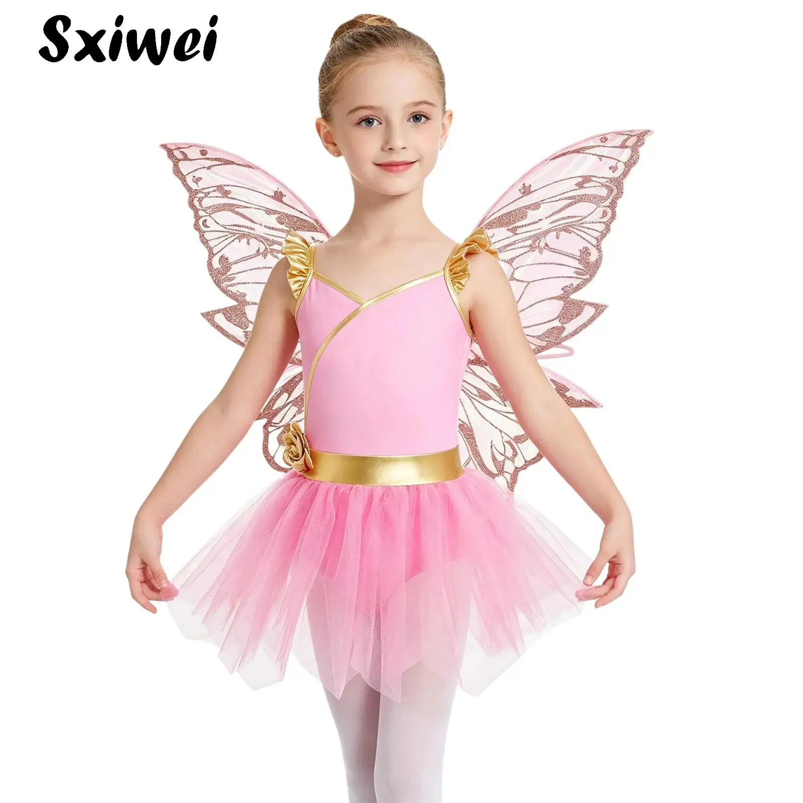 Little Girls Cosplay Fairy Princess Party Dress Ruffle Mesh Overlay Leotard with Butterfly Wing Halloween Green Eif Dress Up Set