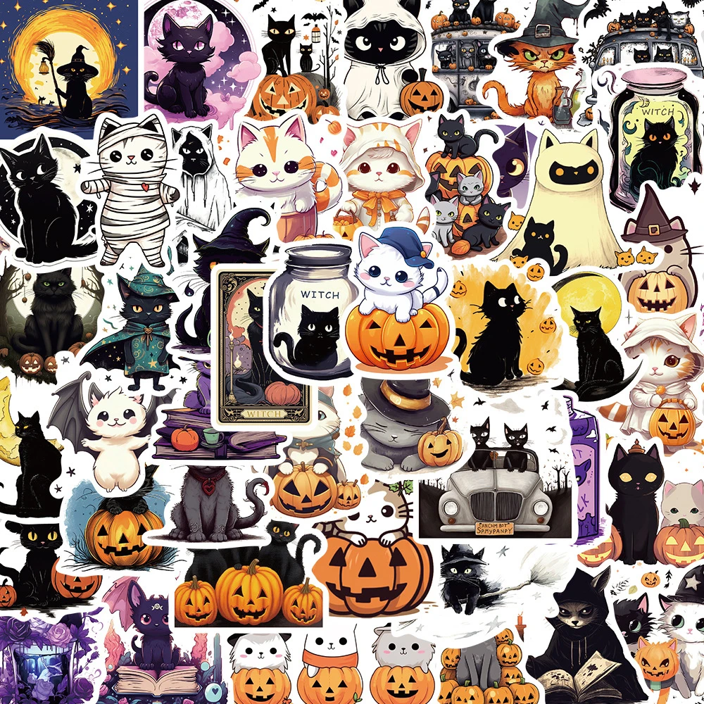 10/30/50pcs Cool Halloween Black Cat Pumpkin Cartoon Stickers Cute Witch Decals Laptop Motorcycle Phone Car Waterproof Sticker