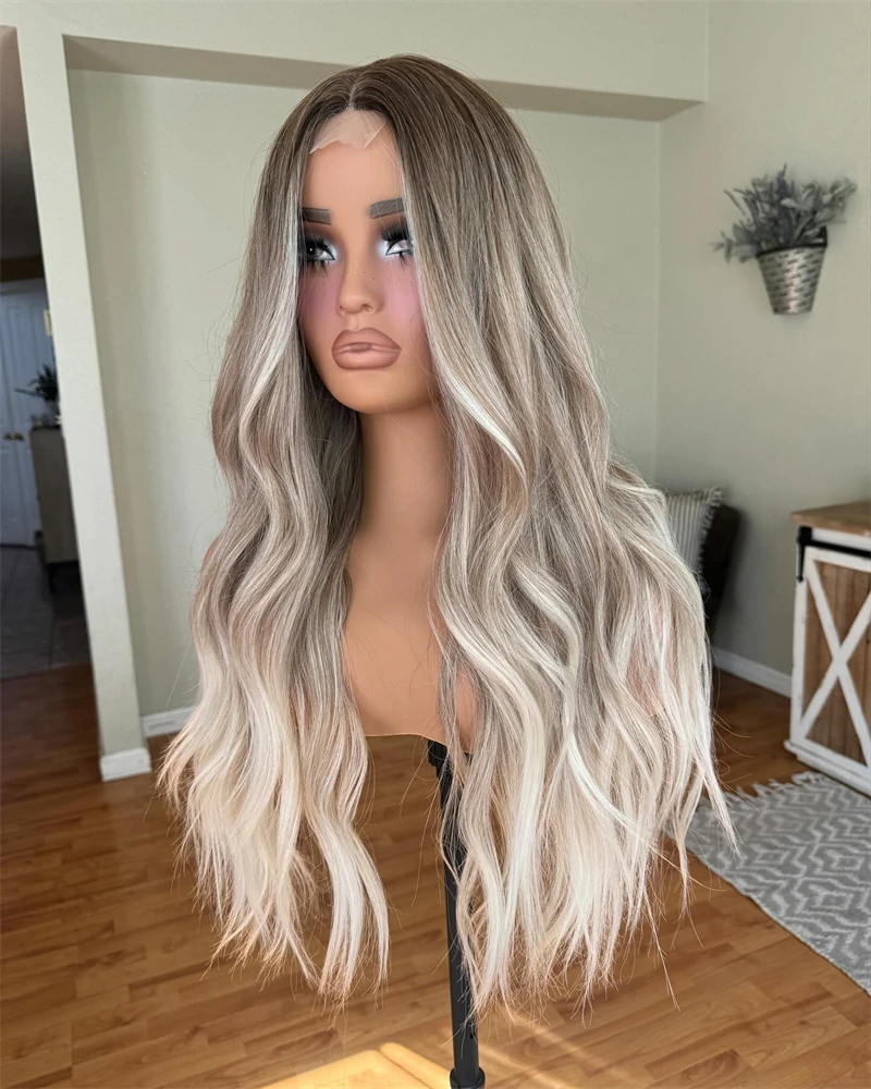 

Wig Ladies Light Grey Ash Blonde Synthetic Wigs 13x4 26inchs Long Lace Front Wig Loose Deep Soft Woman Wig Glueless Middle Part