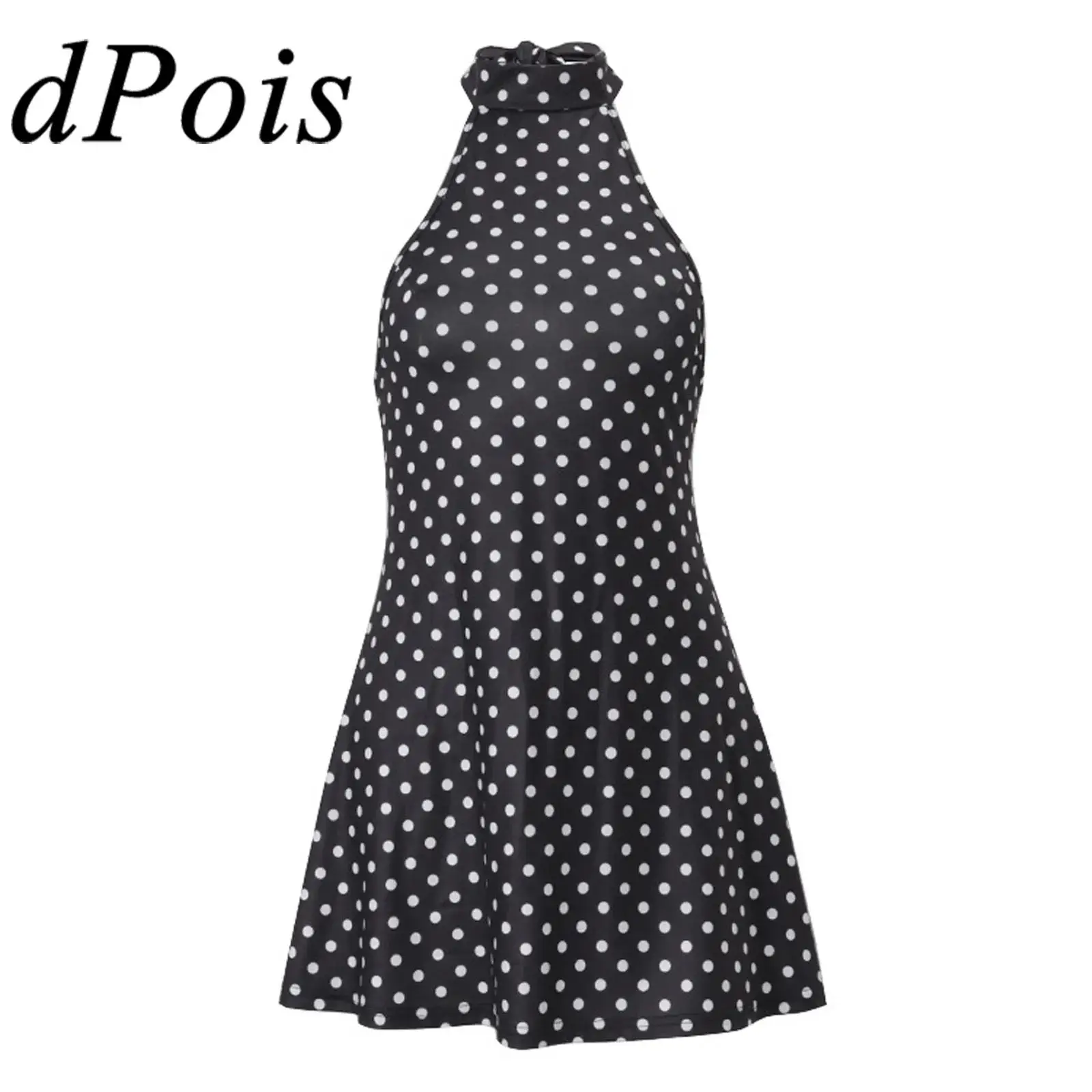 Abito da cocktail da festa da donna anni '20 Mini abito a pois con lacci Halter senza maniche aperto sul retro Abito a trapezio per abito casual quotidiano