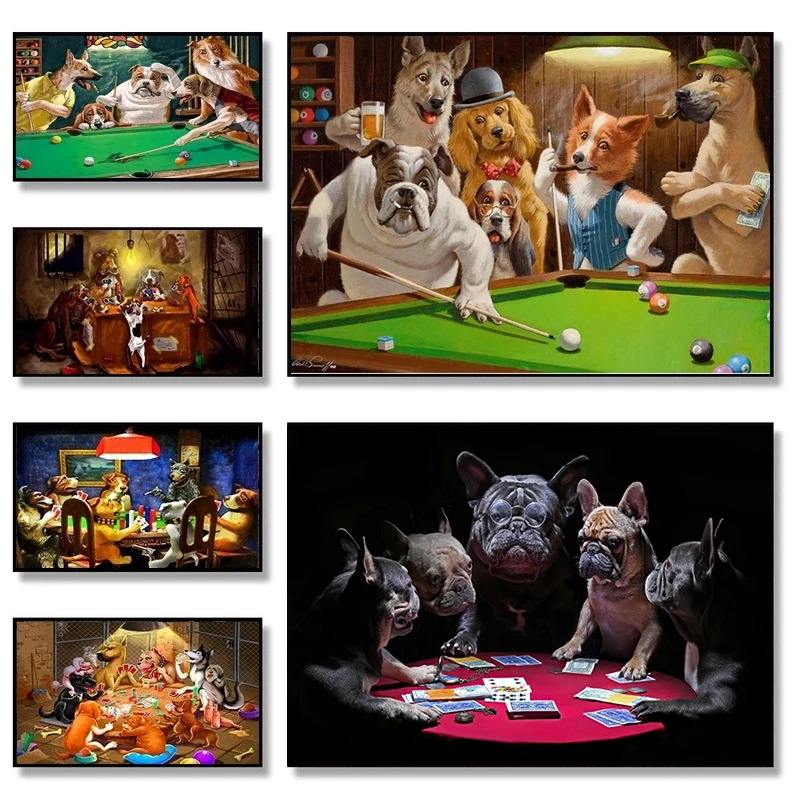 Abstract Funny Animal Dog Playing Poker Playing Billiard Canvas Painting Wall Art Pictures Posters Prints Living Room Home Decor