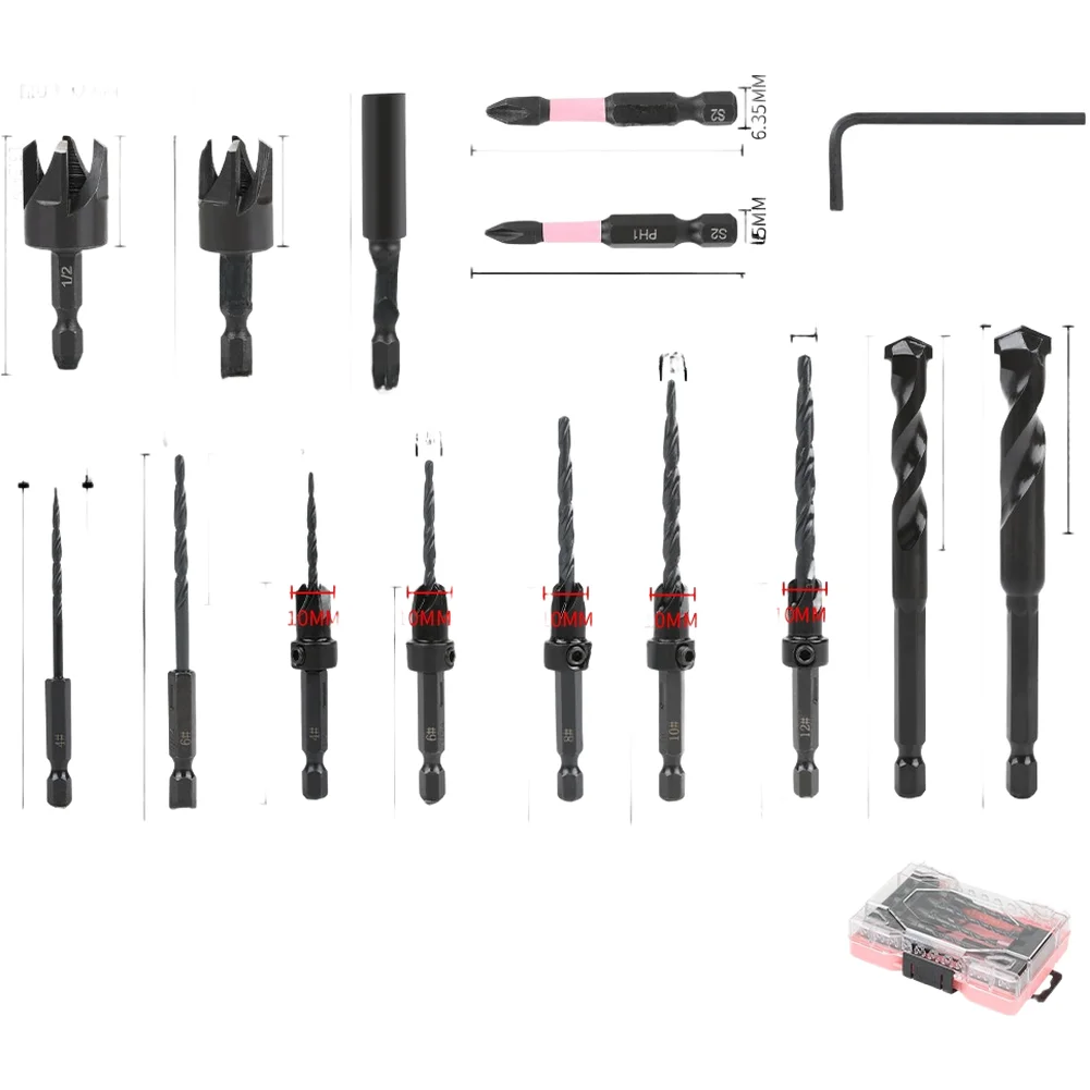 12/14pc Countersink Drill Bit Set Claw Drill Auger Bit Taper Hole Drills Batch Heads Anti-Slip Hexagonal Handle Woodworking Tool