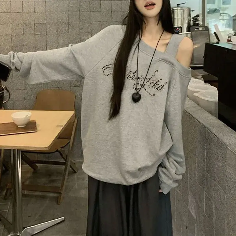 

Stylish American Skew Collar Loose Hoodies Women's Clothing Vintage Letter Autumn Printed Casual Off Shoulder Loose Sweatshirts