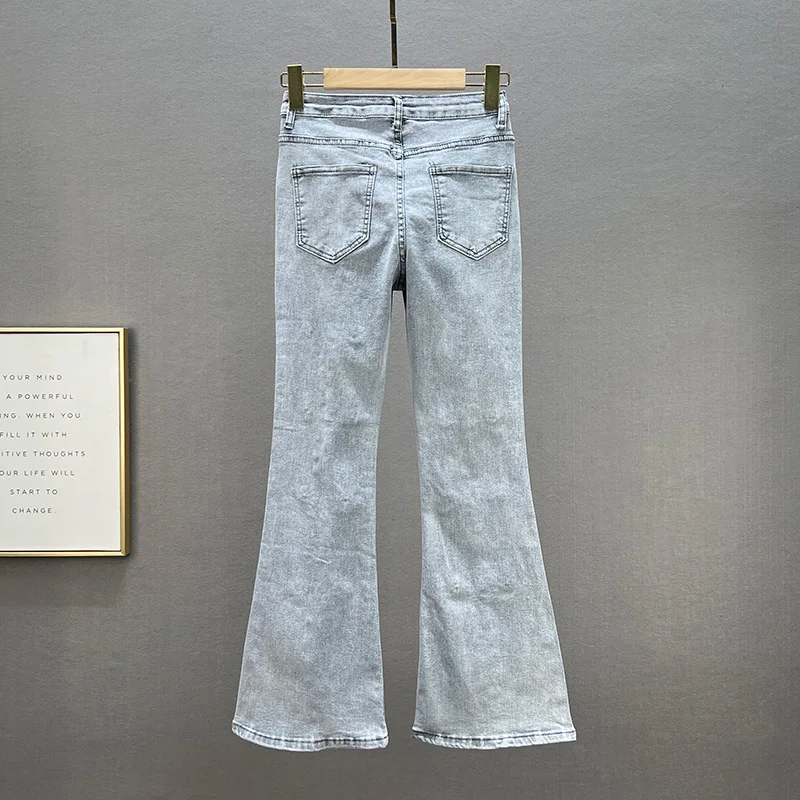 Pantalones acampanados de mezclilla con punta dividida para mujer, pantalones vaqueros ajustados de cintura alta con cuentas de diamantes, ropa
