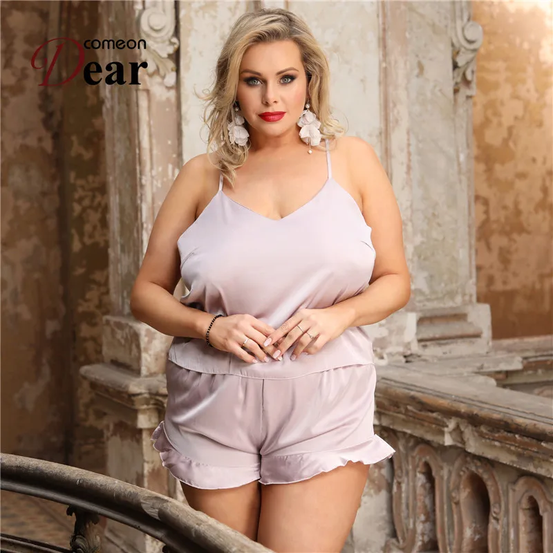 

Comeondear Ladies Pajama Sets Homecoming Satin Top Nightwear 5XL Plus Size Halter Chiffon Sleepwear With Ruffle Short Pants Suit