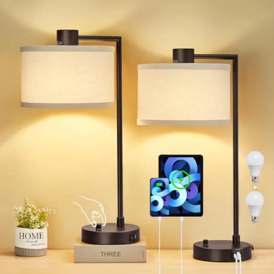 

Настольные лампы для спальни, комплект из 2 штук с портами USB C+A - полностью регулируемые прикроватные светильники с льняным абажуром - современный дизайн L