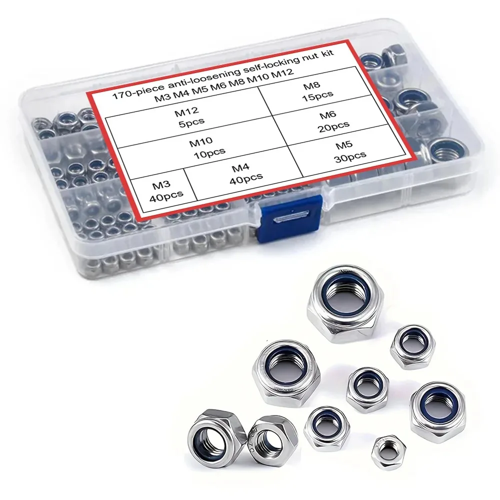 

Комплект стопорных гаек против ослабления и скольжения M3M4M5M6M810M12, 170 штук в коробке, предотвращает ослабление гаек при вибрации.