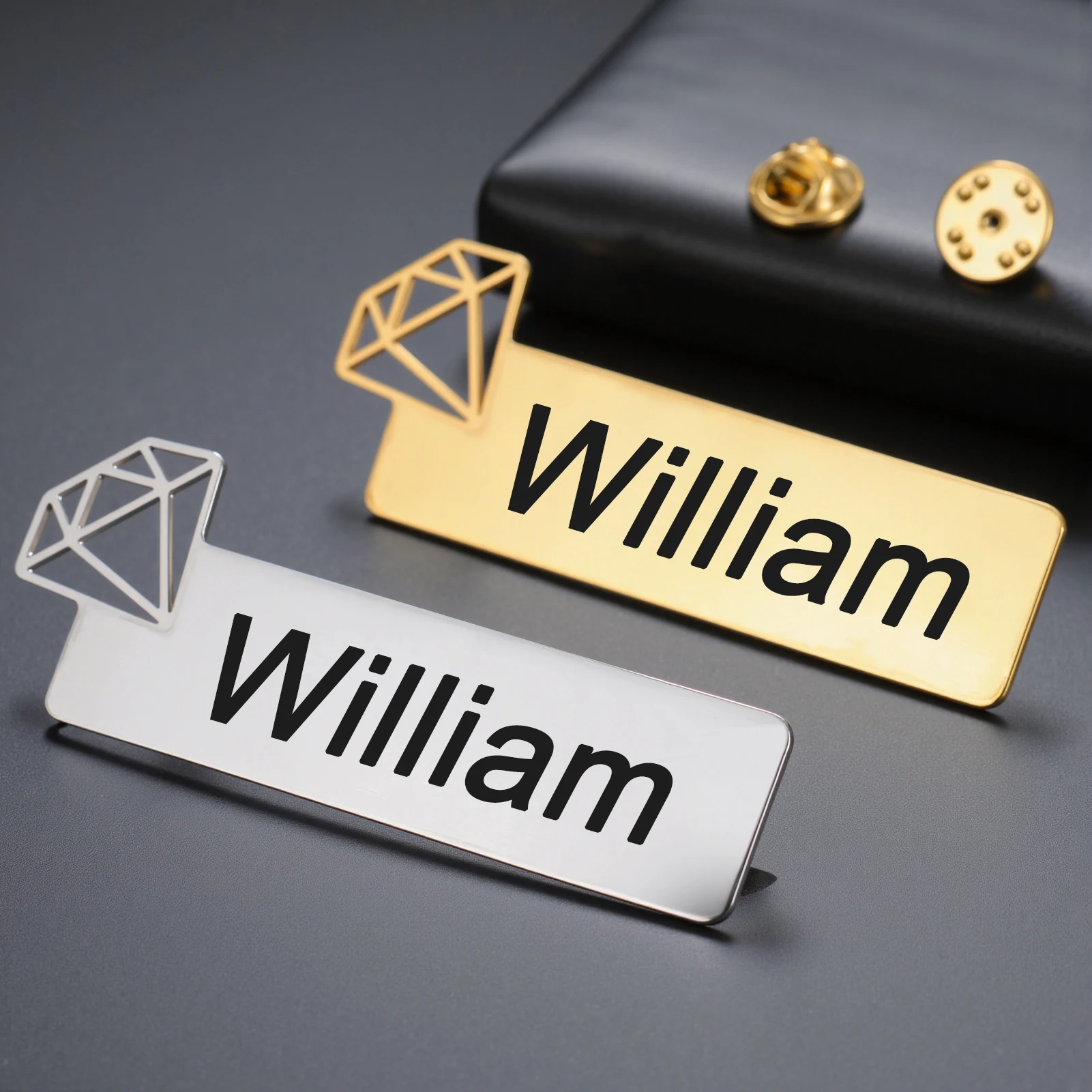 

Personalized Name Brooch Custom Diamond Shape Rectangle Badge Pin Engraved Logo Text ID Stainless Steel Jewelry Christmas Gifts