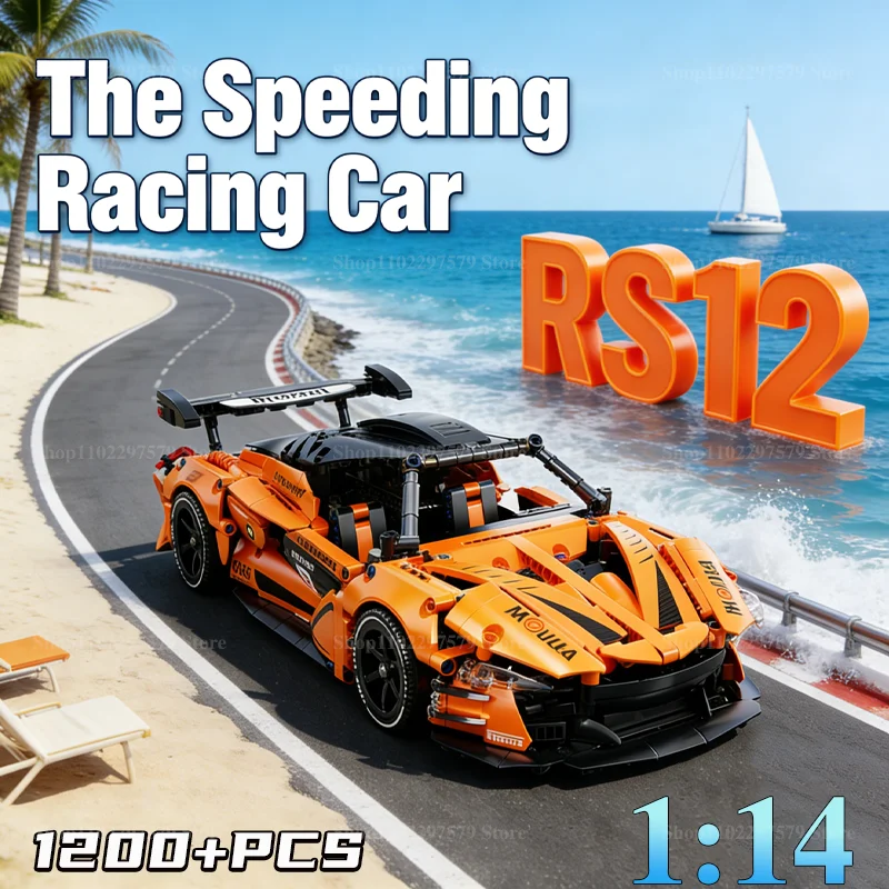 Novo diy 1200 pçs + rs12 conjunto de blocos de construção de carro esportivo escala 1:14 kit modelo carro de corrida para crianças menino adulto veículo de corrida brinquedo presentes