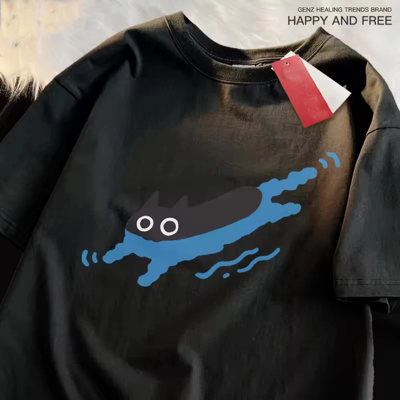 Couple Tees Swimming Black Cat Diving Shoulder Short Sleeved T-shirt For Men Women Breathable Casual Pure Cotton Loose Tops image 2