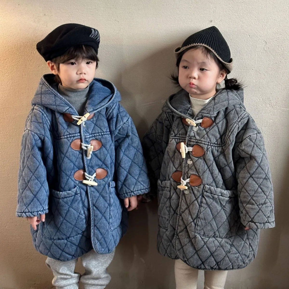 

Winter Childrens Boys Denim Cotton Jacket Thickened Fleece Warm Baby Boys Parkas Horn Button Hooded Kids Boys Outerwears