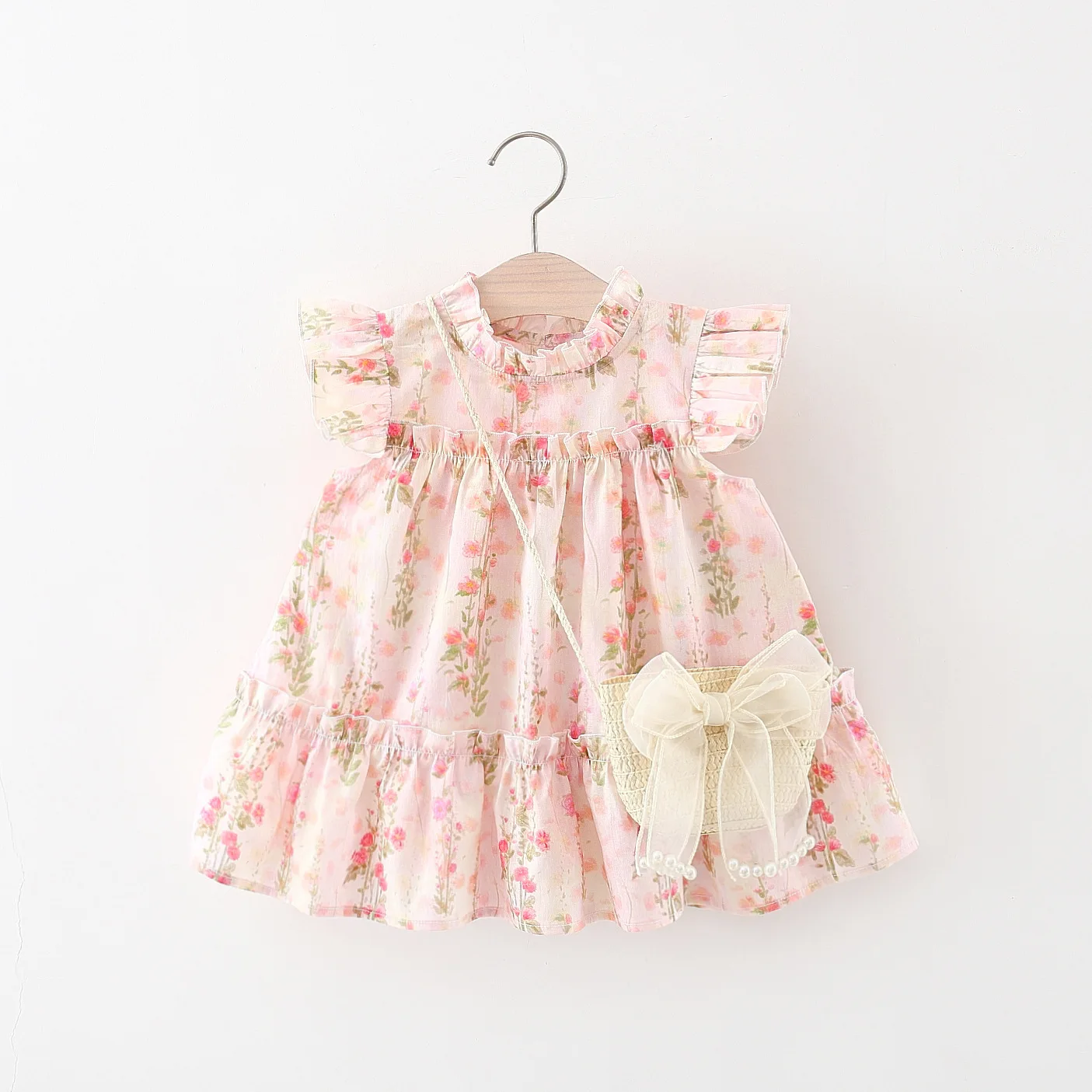 Summer Floral Print Lace Fly Sleeve Thousand Layer Baby Girl Princess Dress Cute Flower Girl Dress With Bag