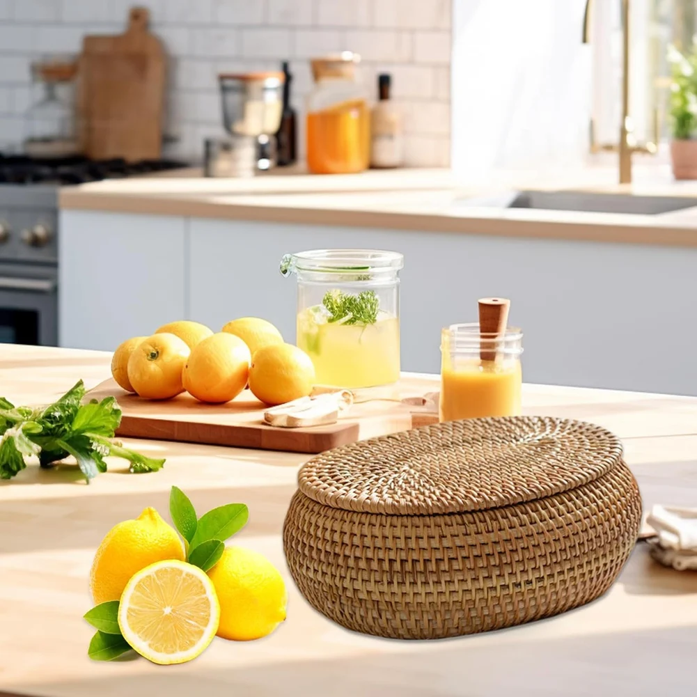 Корзины для хранения из ротанговой коробки с крышкой, корзина из ротанга, круглая плетеная корзина ручной работы, настольная декоративная коробка для дома, офиса