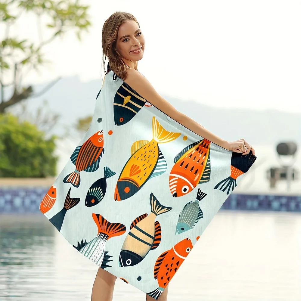 Cute Vintage Fish Print Beach Towel Patterned Sunscreen And Windproof Suitable For Swimming Pool Camping Travel Blanket