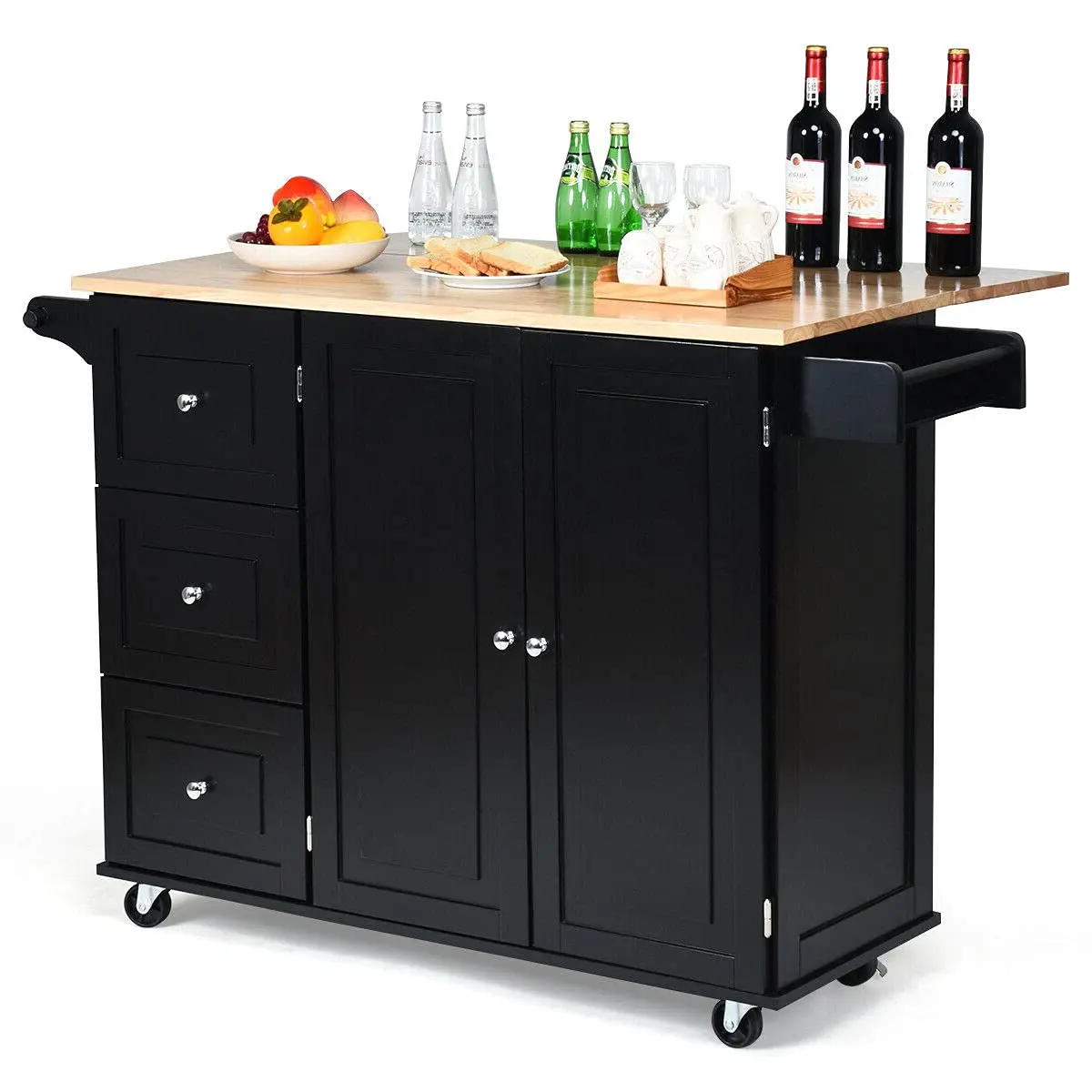 Drop-Leaf Kitchen Island Trolley Cart Cabinet with Spice Rack & Drawer Heavy Duty Wood Spacious Countertop for Room