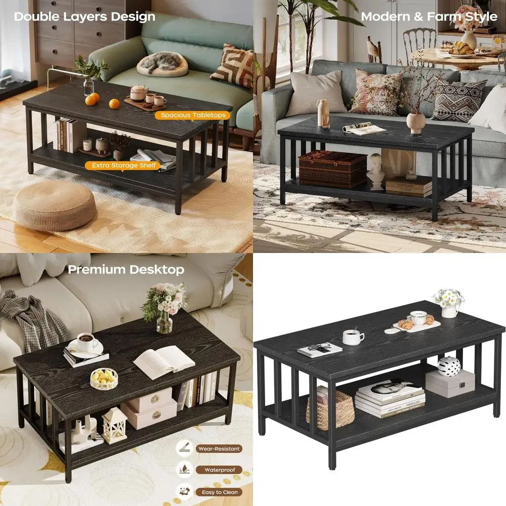 

Black 39-inch Modern Farmhouse Coffee Table with Slatted Sides and 2-Tier Storage for Living Room and Home Office