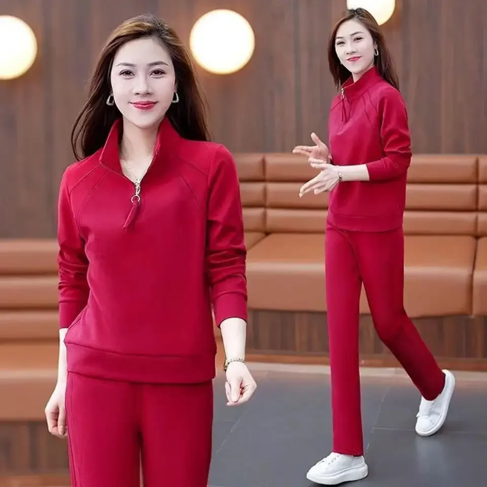 Women Sets Two Pieces Pullover Tops V Neck Shirts Solid Full Length Wide Leg Pants Casual Sports Loose Solid Outfit Tracksuit
