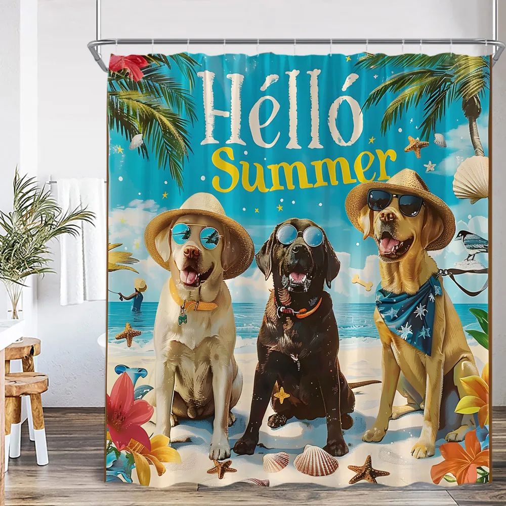 Funny Dog Shower Curtain Animal Print Hello Summer Home Decoration for Bathroom Polyester Fabric Bath Curtain with Plastic Hook