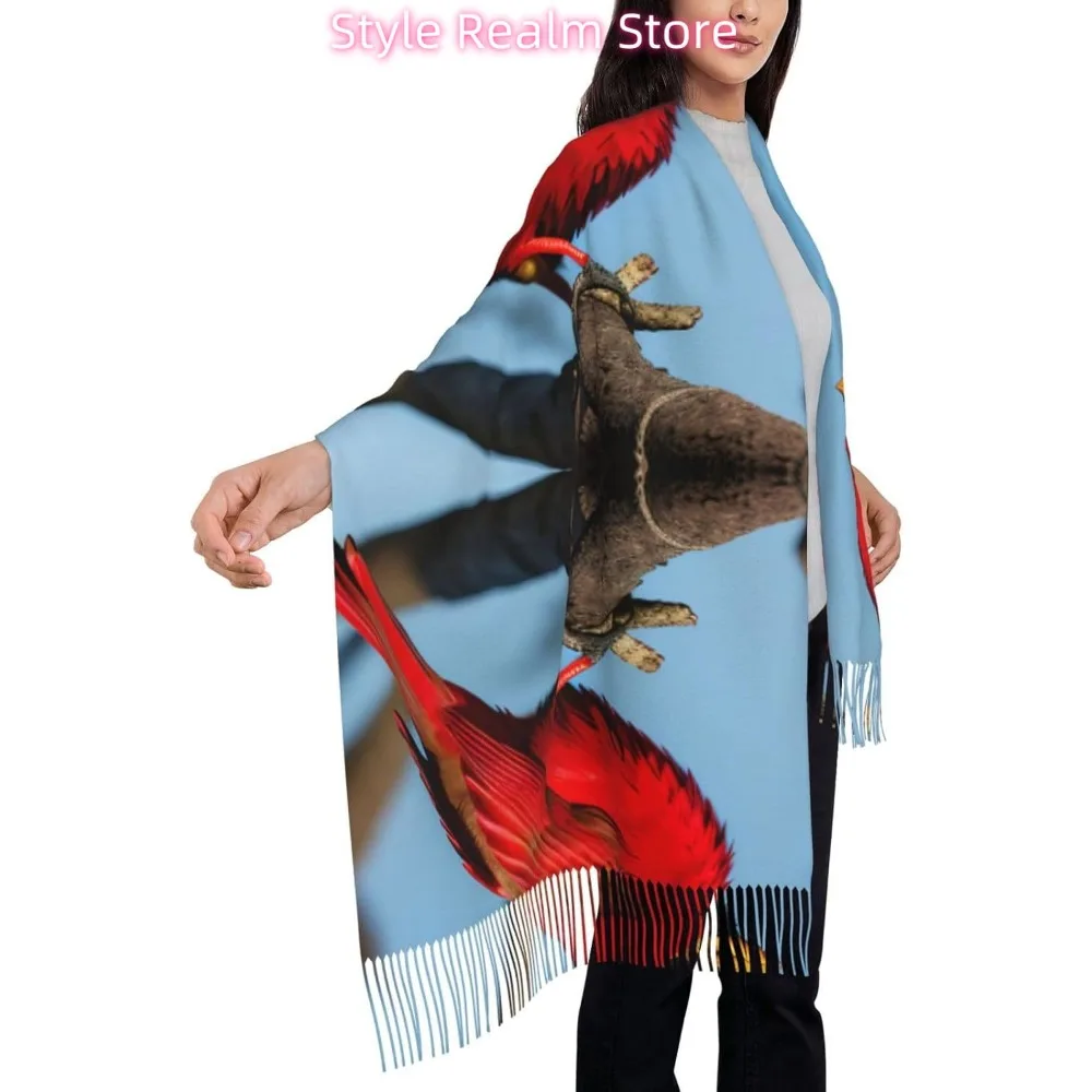 Beautiful Red Bird Print Polyester Scarf Breathable Fashion Accessory For Travel And Everyday Wear