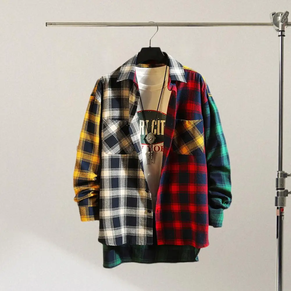 Color-blocking Plaid Shirt Colorblock Plaid Print Men's Casual Cardigan Shirt Coat Stylish Single-breasted Lapel for Loose