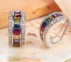 New Rainbow Rectangular Cubic Zirconia Hoop Earrings for Women Bling Luxury Wedding Accessories Party Fashion Jewelry