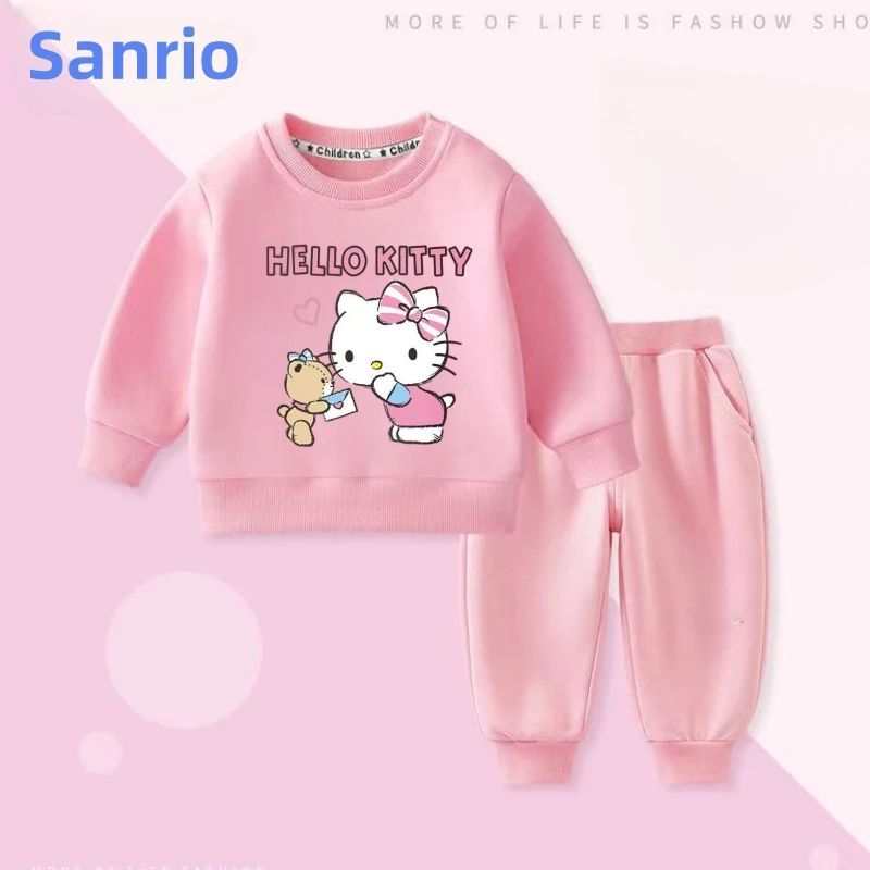 

Sanrio, осенний комплект одежды для маленьких девочек, детские толстовки с принтом «Hello Kitty», пуловер, топ и штаны, костюм из 2 предметов, детская одежда