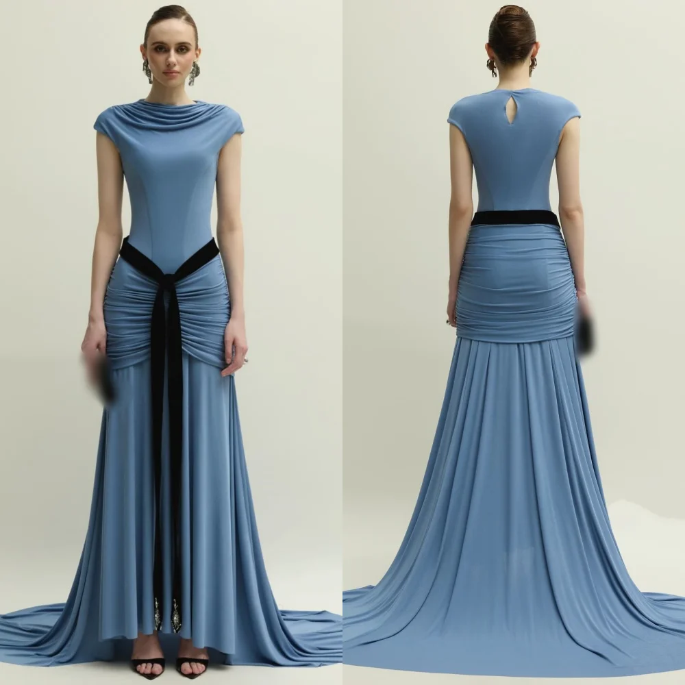 

Customized Fashion Elegant Jersey Sash Pleat A-line Scoop Neck Midi Dresses Bespoke Occasion Classic Retro