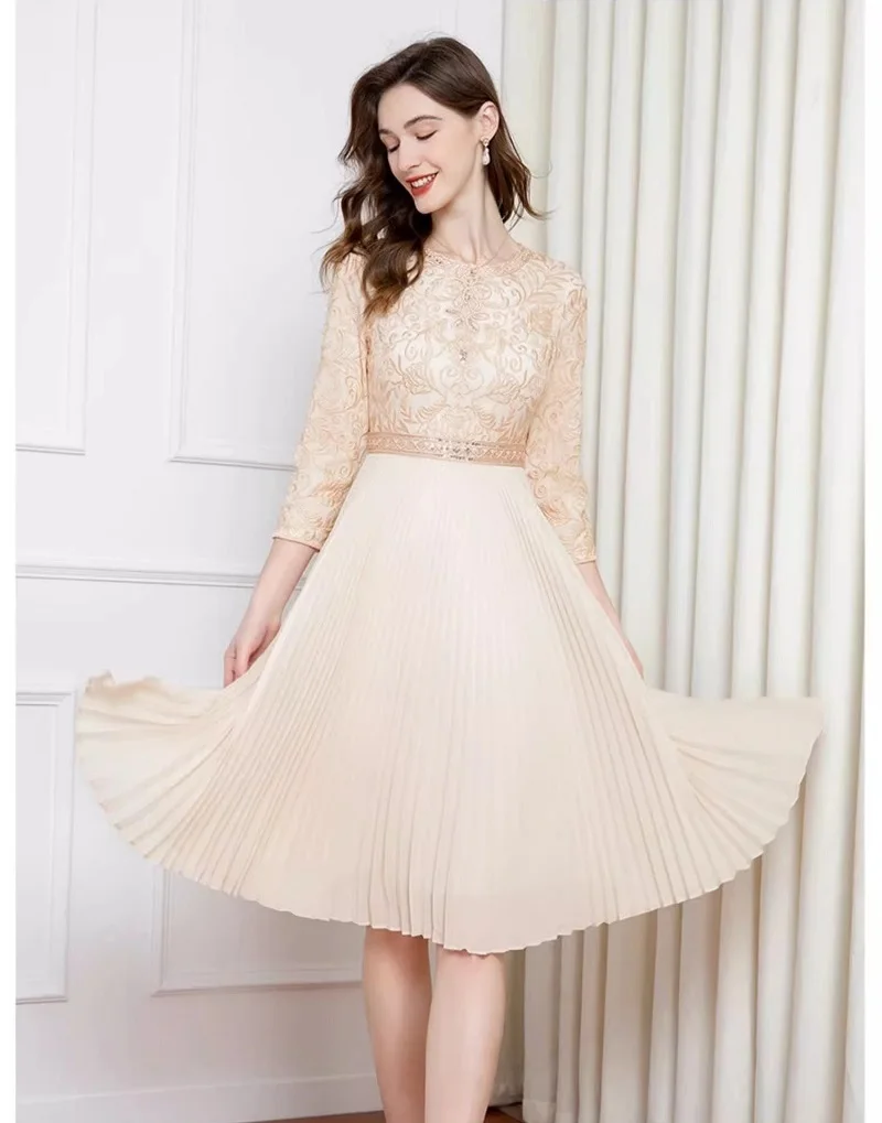 

4xl 3xl 2xl Women's Dress 2023 Autumn Winter Cocktail Party Woman Sequined Embroidery Beading 3/4 Sleeve Mid-Calf Pleated Dress
