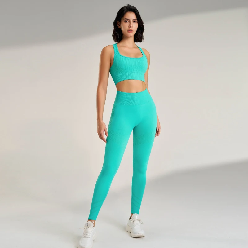 New solid-coloured sports suit ladies leotard leggings gym yoga bra yoga trousers suit high waisted hip lifting and gathering