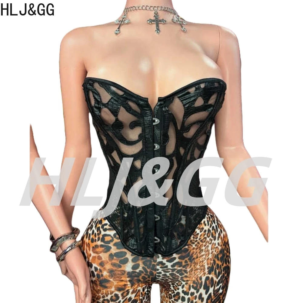 HLJ&GG Black Sexy Bandage Corse Two Piece Sets Women Sleeveless Backless Slim Top And Leopard Shorts Outfits Fashion Streetwear