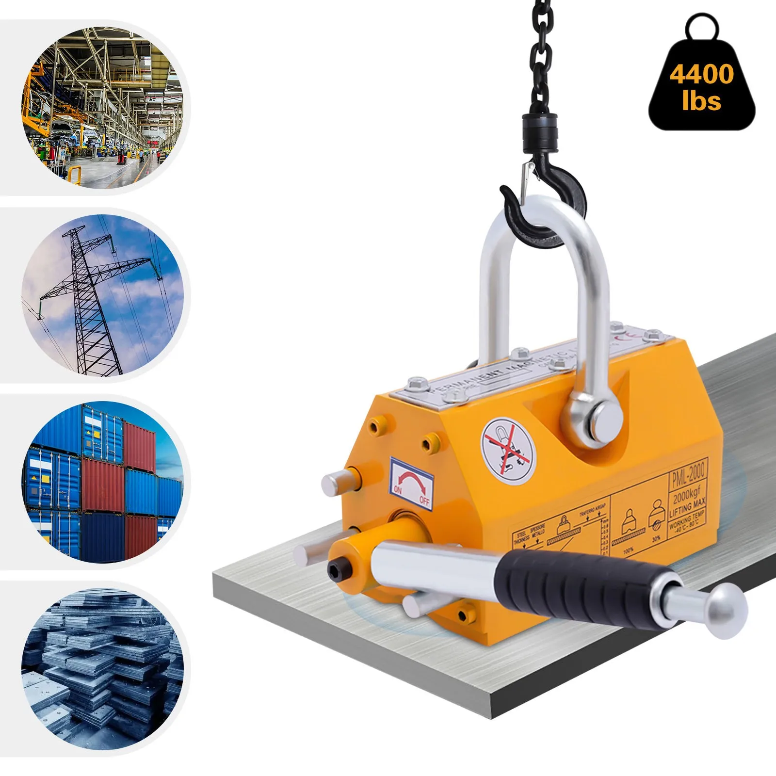 رافع مغناطيسي 4400 رطل/2000 كجم سعة السحب، فولاذ، مغناطيس رفع النيوديميوم مع إطلاق، مغناطيس رفع دائم عالي التحمل #1